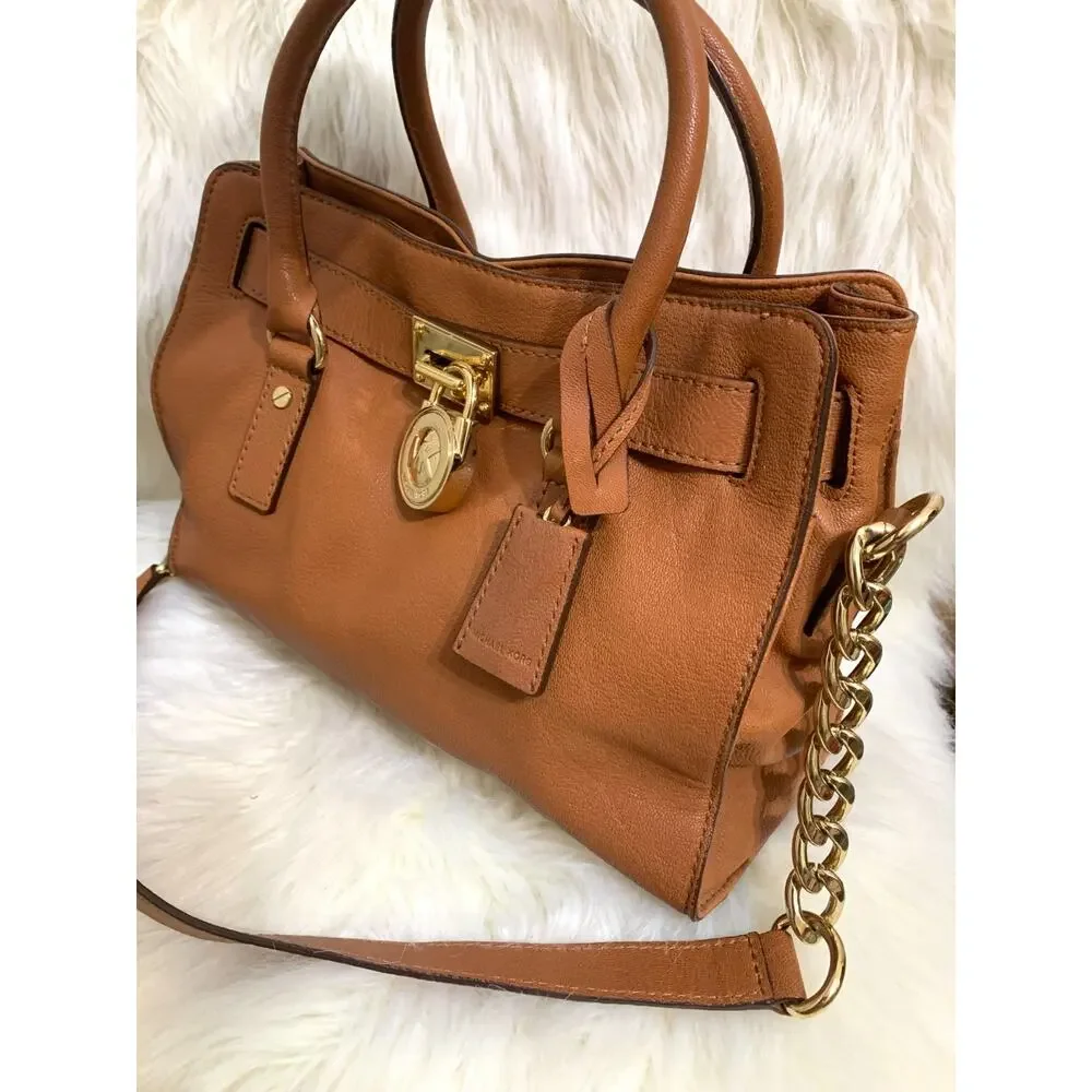 MICHAEL KORS Luggage Tan Pebbled Leather Vintage HAMILTON Lock Satchel - MINT!